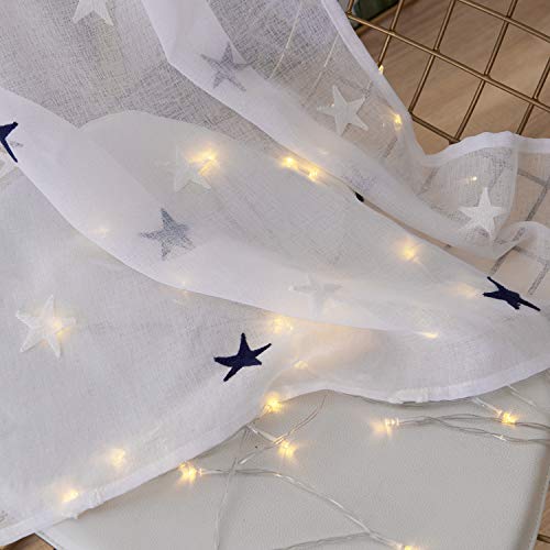 Deconovo - Cortina Decorativa con Bordados, Voile, Aspecto de Lino, Tela, Azul, 245 x 140 cm