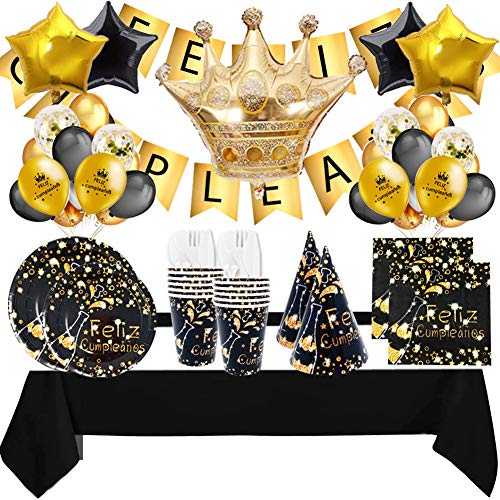 Decoración Cumpleaños Adulto Negro Oro y Vajilla Desechable de Feliz Cumpleaños Negro dorado - Conjunto de Fiesta Accesorio Plato Vaso Pancartas y Globos para Mujer Hombre - 16Invitados