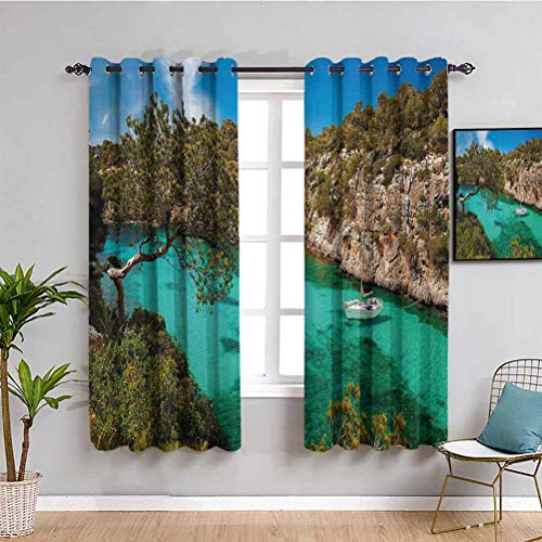 Decoración de dormitorio de la naturaleza cortinas opacas pequeñas yates flotantes en el mar Mallorca España Rocky Hills Forest Trees Scenic View Cafe cortina verde aguamarina azul W72 x L72 pulgadas