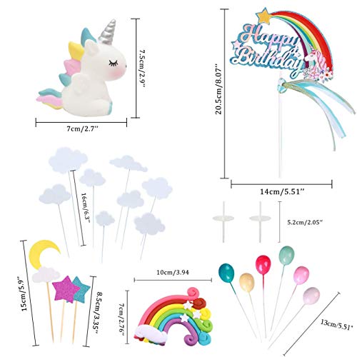 Decoración para Tarta Unicorn Cake Topper Cloud Rainbow Star Balloon Feliz Cumpleaños, Bandera Cake Topper Decoraciones de Pasteles Comestibles