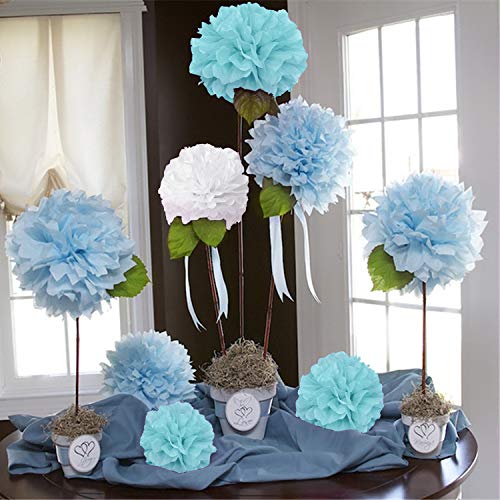 Decoracion Pompones de Papel de Seda,XCOZU 15 Piezas Pompones de Colores Papel Seda la Boda Fiesta Decoracions,Pompon Papel Seda Adecuado Escena de Cumpleaños,Azul y Blanco Pom Pom Papel