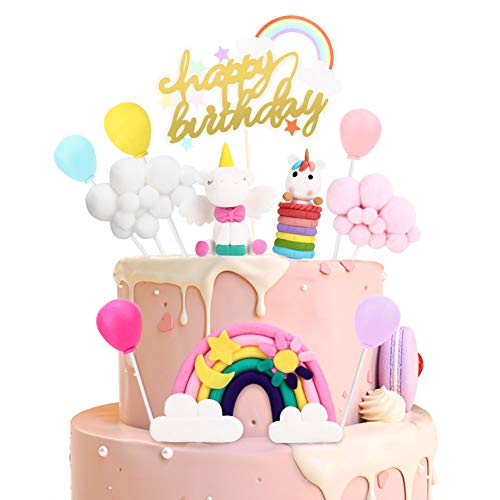 Decoracion Tarta Unicornio, Cake Topper Decorar Tartas Globos Arcoiris Nube Happy Birthday Banderines de Pasteles Fiesta de la Fiesta de Bienvenida al Bebé Cumpleaños Niñas Niños