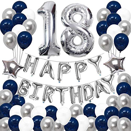 Decoraciones de 18 Cumpleaños Azul Plateado y Blanco, 18 Globos de Látex con Pancarta de Feliz Cumpleaños, Decoraciones Accesorios para Fotos, para Niñas, Niños, Mujeres y Hombres