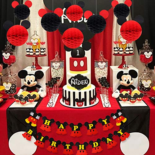 Decoraciones de cumpleaños de Mickey Mouse, bolas de nido de abeja de Mickey Paper de Red Black, banner de Happy Birthday, adorno de pastel para la fiesta temática de Mickey Mouse