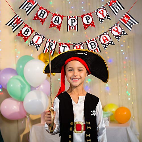 Decoraciones de Fiesta de Pirata, Pancarta de Pirate Happy Birthday para Fiesta de Cumpleaños, Banderines de Fiesta de Vela Náutica a Rayas Negras y Rojas
