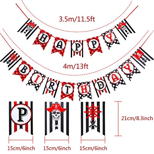 Decoraciones de Fiesta de Pirata, Pancarta de Pirate Happy Birthday para Fiesta de Cumpleaños, Banderines de Fiesta de Vela Náutica a Rayas Negras y Rojas