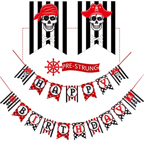 Decoraciones de Fiesta de Pirata, Pancarta de Pirate Happy Birthday para Fiesta de Cumpleaños, Banderines de Fiesta de Vela Náutica a Rayas Negras y Rojas