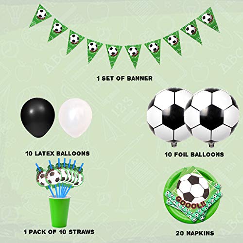 Decoraciones de fiesta temáticas de fútbol con balones de foil de fútbol, pancartas, servilletas y pajitas