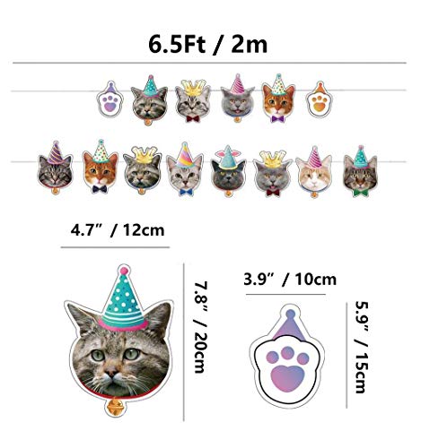 Decoraciones para fiestas de gatos, pancarta con cara de gato, pancartas de globos de FELIZ CUMPLEAÑOS y MEOW, 4 globos de gatos que caminan para mascotas, fiesta de cumpleaños de gatos para niños