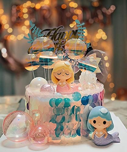 Decoraciones para tartas de sirena, juego de 18 figuras de sirena, concha, lentejuelas, lazo, decoración para tartas de cumpleaños, cinta de lentejuelas, bolas de colores