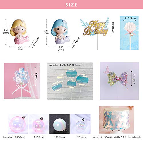 Decoraciones para tartas de sirena, juego de 18 figuras de sirena, concha, lentejuelas, lazo, decoración para tartas de cumpleaños, cinta de lentejuelas, bolas de colores