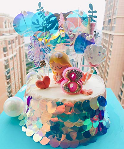 Decoraciones para tartas de sirena, juego de 18 figuras de sirena, concha, lentejuelas, lazo, decoración para tartas de cumpleaños, cinta de lentejuelas, bolas de colores