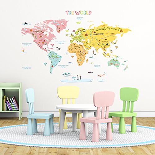 DECOWALL DLT-1616N Mapamundi de Color Vinilo Pegatinas Decorativas Adhesiva Pared Dormitorio Salón Guardería Habitación Infantiles Niños Bebés (Extra Grande) (English Ver.)