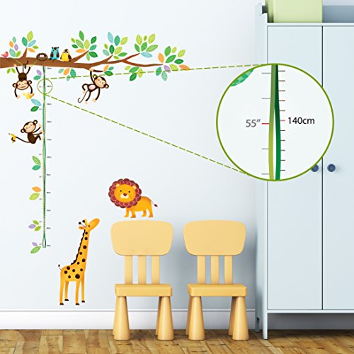 DECOWALL DW-1402 Árbol de Monitos y Gráfica de Altura de Animales Vinilo Pegatinas Decorativas Adhesiva Pared Dormitorio Salón Guardería Habitación Infantiles Niños Bebés