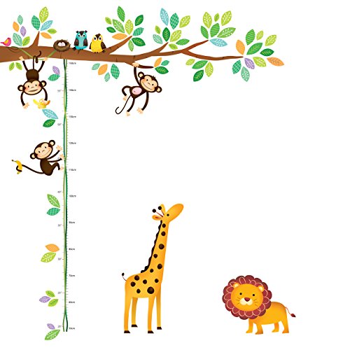DECOWALL DW-1402 Árbol de Monitos y Gráfica de Altura de Animales Vinilo Pegatinas Decorativas Adhesiva Pared Dormitorio Salón Guardería Habitación Infantiles Niños Bebés