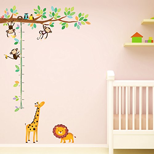 DECOWALL DW-1402 Árbol de Monitos y Gráfica de Altura de Animales Vinilo Pegatinas Decorativas Adhesiva Pared Dormitorio Salón Guardería Habitación Infantiles Niños Bebés