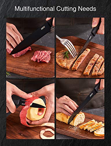 Deik Juego de Cuchillos de Cocina con Soporte Acrílico | 16 Piezas Set Cuchillos Cocina | Negro BO Oxidación Acero Inoxidable de Alto Carbono - Súper Afilado, Antioxidante y Anticorrosión