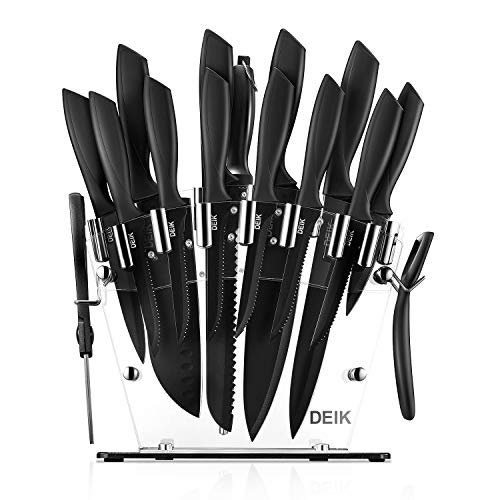 Deik Juego de Cuchillos de Cocina con Soporte Acrílico | 16 Piezas Set Cuchillos Cocina | Negro BO Oxidación Acero Inoxidable de Alto Carbono - Súper Afilado, Antioxidante y Anticorrosión