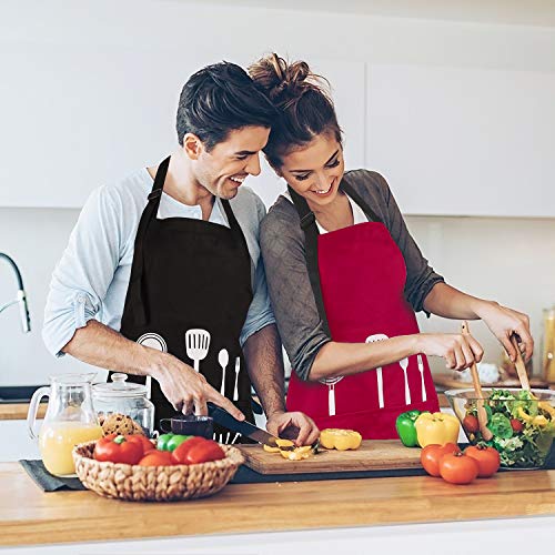 Delantal de Cocina Impermeable con Bolsillos Correa para Cuello Ajustable Delantales Hombre Mujer Delantal Cocinero Mandil para Jardinería Restaurante Barbacoa Cocinar Hornear 2 Piezas (Rojo y Negro)