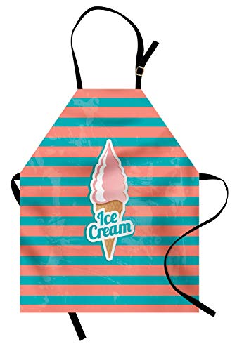 Delantal de postre, cono cremoso vintage en rayas para heladerías, delantal de cocina con cuello unisex y cuello ajustable para cocinar Hornear Jardinería, Coral Dark Seafoam Rosa pálido y marrón aren