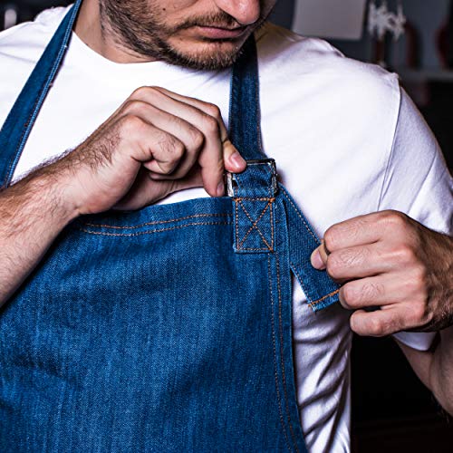 Delantal Profesional de Mezclilla con Bolsillos para Hombres y Mujeres. Delantal Unitalla con Tirantes Ajustables. Delantal de Cocina y Ropa de Trabajo Azul Unisex Multifuncional.