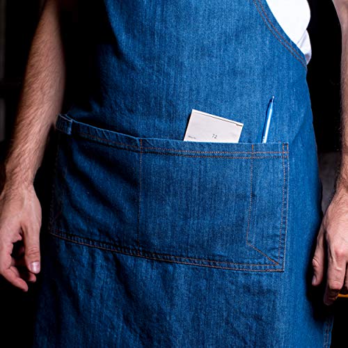 Delantal Profesional de Mezclilla con Bolsillos para Hombres y Mujeres. Delantal Unitalla con Tirantes Ajustables. Delantal de Cocina y Ropa de Trabajo Azul Unisex Multifuncional.