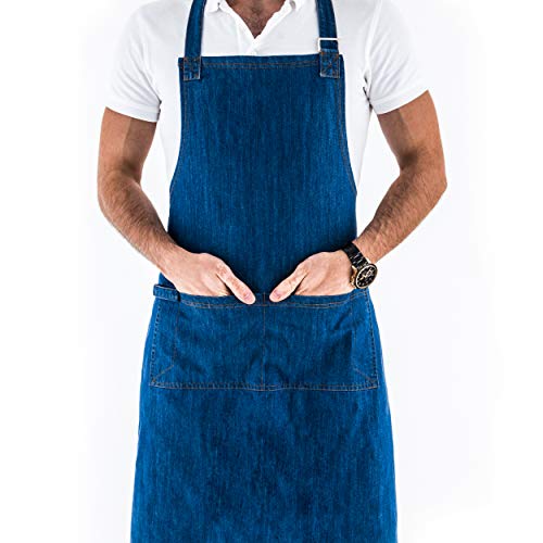 Delantal Profesional de Mezclilla con Bolsillos para Hombres y Mujeres. Delantal Unitalla con Tirantes Ajustables. Delantal de Cocina y Ropa de Trabajo Azul Unisex Multifuncional.