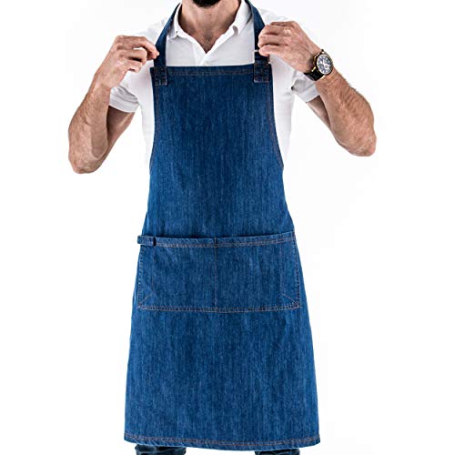 Delantal Profesional de Mezclilla con Bolsillos para Hombres y Mujeres. Delantal Unitalla con Tirantes Ajustables. Delantal de Cocina y Ropa de Trabajo Azul Unisex Multifuncional.