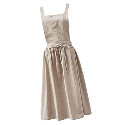 Delantales Con Peto Para Mujer Vestido Sin Mangas De Lino Y Algodón Sin Mangas Cocina Casera Lisa - Beige