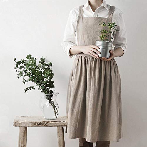 Delantales Con Peto Para Mujer Vestido Sin Mangas De Lino Y Algodón Sin Mangas Cocina Casera Lisa - Beige