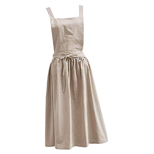 Delantales Con Peto Para Mujer Vestido Sin Mangas De Lino Y Algodón Sin Mangas Cocina Casera Lisa - Beige