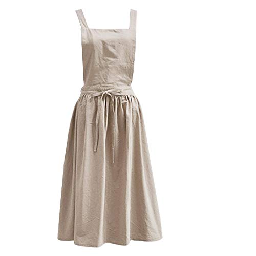 Delantales Con Peto Para Mujer Vestido Sin Mangas De Lino Y Algodón Sin Mangas Cocina Casera Lisa - Beige