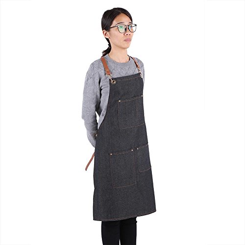 Delantales de cocina vaqueros Bibdelantales correa de cuero extraíble con bolsillos para mujeres hombres cocinar hornear C