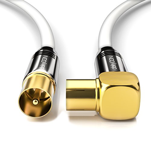 deleyCON 2m Cable de Antena TV HDTV Full HD - 1x en Ángulo Cable Coaxial Enchufe de TV (Recto) para Toma de TV (90° Grados) Tapón de Metal - Blanco