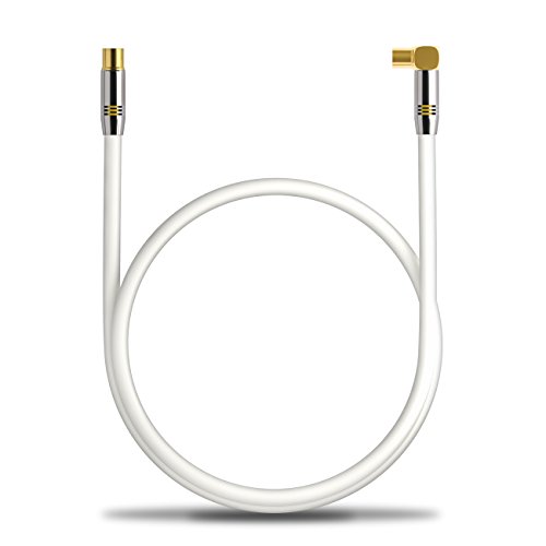 deleyCON 2m Cable de Antena TV HDTV Full HD - 1x en Ángulo Cable Coaxial Enchufe de TV (Recto) para Toma de TV (90° Grados) Tapón de Metal - Blanco