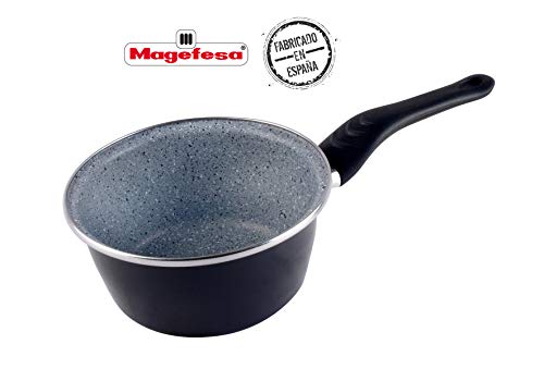 Desconocido Magefesa Dolomiti Cazo 16 cm de Acero esmaltado, Antiadherente Multicapa Efecto Piedra, Color Exterior. Apto para Todo Tipo de cocinas, incluida inducción, Gris Marengo, 16