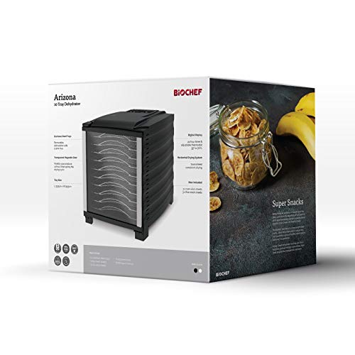 Deshidratador de alimentos BioChef Arizona 10 bandejas de acero inoxidable – Temporizador, puerta transparente, bandejas móviles, BPA Free y Tritan (Negro)