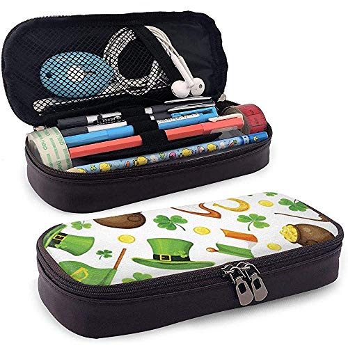 Día de San Patricio con hojas de trébol verde Estuche para lápices - Bolso de cuero de PU Estuche de lápices Organizador de papelería Bolsa de cosméticos