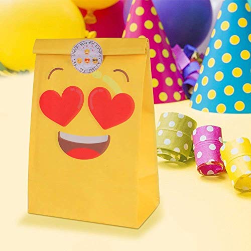 DISOK Lote de 12 Bolsas de Regalo Infantiles para Niños EMOTICONOS con Cierre Adhesivo Pegatina 22 x 12 cm - Bolsas Originales de Papel para Caramelos, Detalles y Regalos