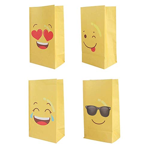 DISOK Lote de 12 Bolsas de Regalo Infantiles para Niños EMOTICONOS con Cierre Adhesivo Pegatina 22 x 12 cm - Bolsas Originales de Papel para Caramelos, Detalles y Regalos