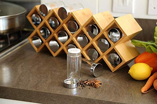 Dispensador de Especias Bambú Harcas con 18 tarros de especias y etiquetas. Organizador de especias independiente de gran tamaño 43cm x 9.5cm x 18cm. Frascos de vidrio con tapas de acabado cromado.