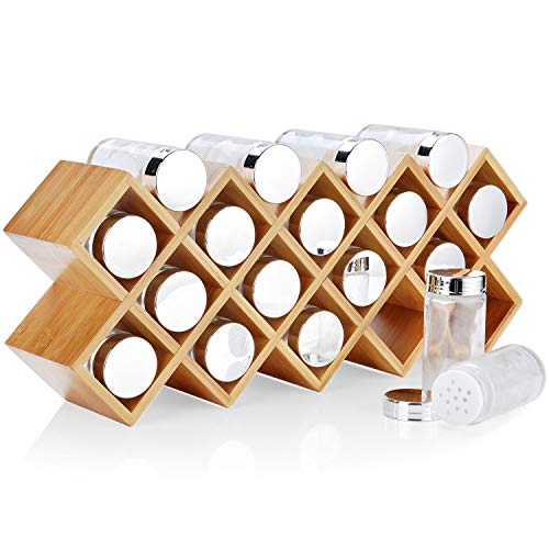 Dispensador de Especias Bambú Harcas con 18 tarros de especias y etiquetas. Organizador de especias independiente de gran tamaño 43cm x 9.5cm x 18cm. Frascos de vidrio con tapas de acabado cromado.