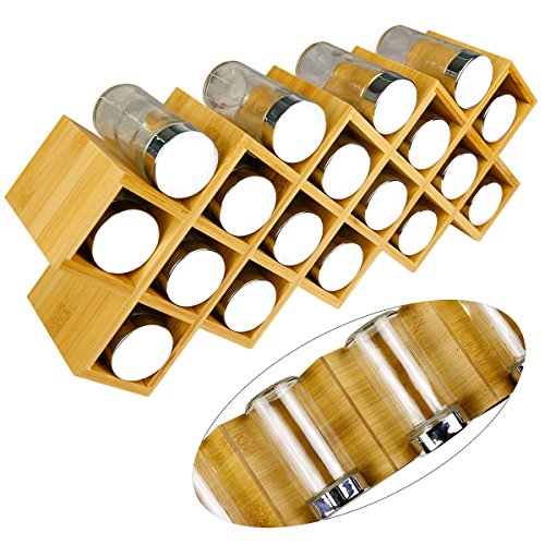 Dispensador de Especias Bambú Harcas con 18 tarros de especias y etiquetas. Organizador de especias independiente de gran tamaño 43cm x 9.5cm x 18cm. Frascos de vidrio con tapas de acabado cromado.
