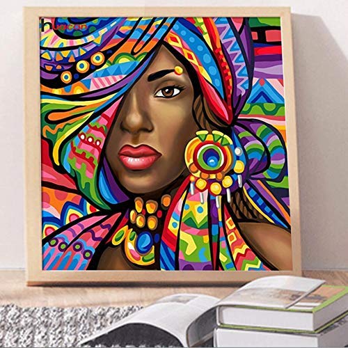 DIY pintura al oleo por numeros,pinturas diamantes 5D punto de cruz diamante para hacer manualidades diamond painting decorar la pared , diseño de mujer africana con brillantes 25 x 25 cm