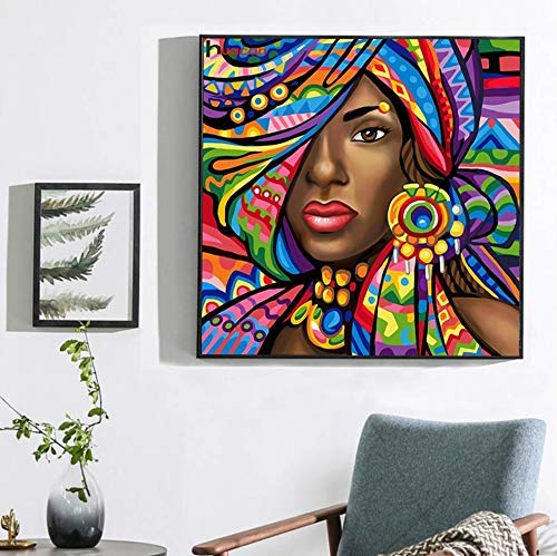 DIY pintura al oleo por numeros,pinturas diamantes 5D punto de cruz diamante para hacer manualidades diamond painting decorar la pared , diseño de mujer africana con brillantes 25 x 25 cm