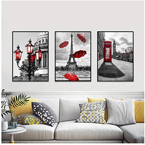 DLFALG Carteles de decoración nórdica para el hogar Torre de París Paraguas rojo Paisaje Pintura en lienzo Impresión en HD Imagen de arte de pared para sala de estar 40x60cmx3 sin marco