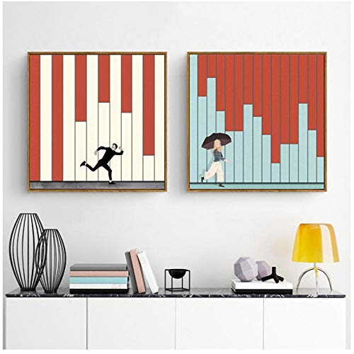 DLFALG Decoración del hogar carteles nórdicos de arte de pared niño corriendo niña bajo el paraguas imágenes de rayas rojas y azules sala de guardería lienzo pintura impresión 50x50cmx2 sin marco