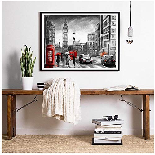 DLFALG London Street Paisaje Pintura al óleo Impresión en lienzo Pareja romántica y paraguas rojo Obra de arte Cartel de la imagen Decoración de arte de pared para el hogar 42x60cm sin marco