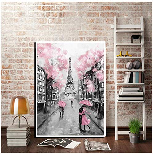 DLFALG Pintura al óleo de la ciudad de París Impresión Pareja de la Torre Eiffel con paraguas en la calle Arte de la pared Imagen Póster Pintura de la lona Decoración para el hogar 40X50cm sin marco