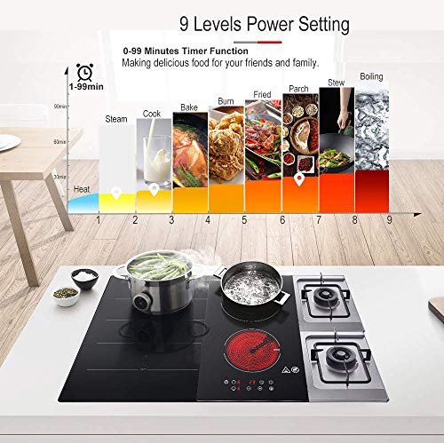 Domino placa vitrocerámica,Amzchef eléctrica vitrocerámica con superficie de vidrio negro pulido, control táctil y bloqueo para niños,temporizador y 9 de potencia,adecuados para cualquier olla